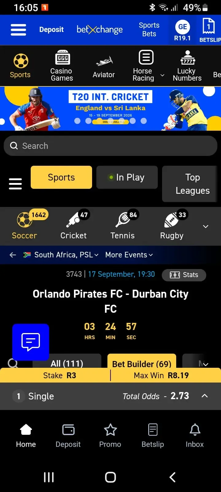 BetXchange mobile app displaying Bet Builder option for Orlando Pirates FC vs Durban City FC PSL match with odds and single bet slip.