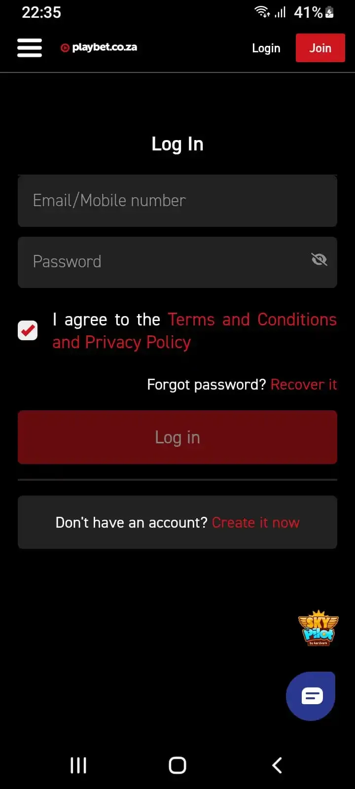 Playbet mobile login showing Email/Mobile number and Password fields with red Log in button.