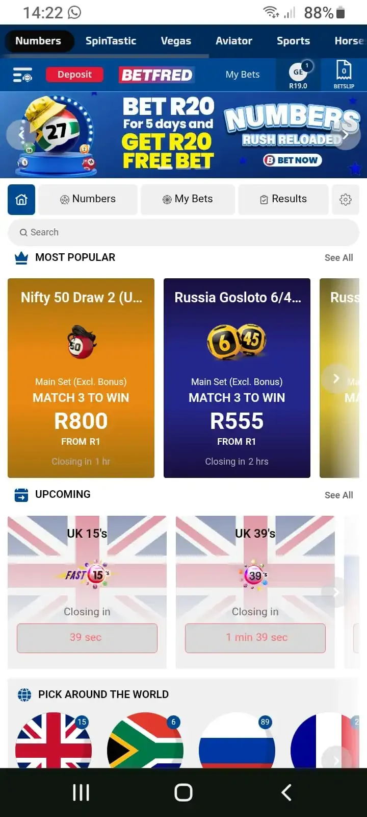 Lucky Numbers page in the Betfred mobile app.