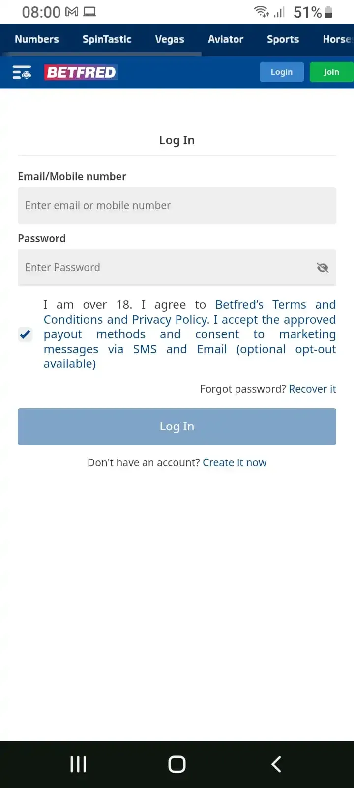 Betfread app login page asking for email/phone number and password.