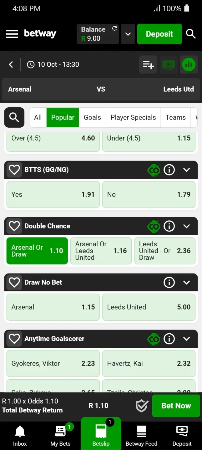 Screenshot of a Premier League fixture between Arsenal and Leeds United showing the Double Chnace meaning at Betway