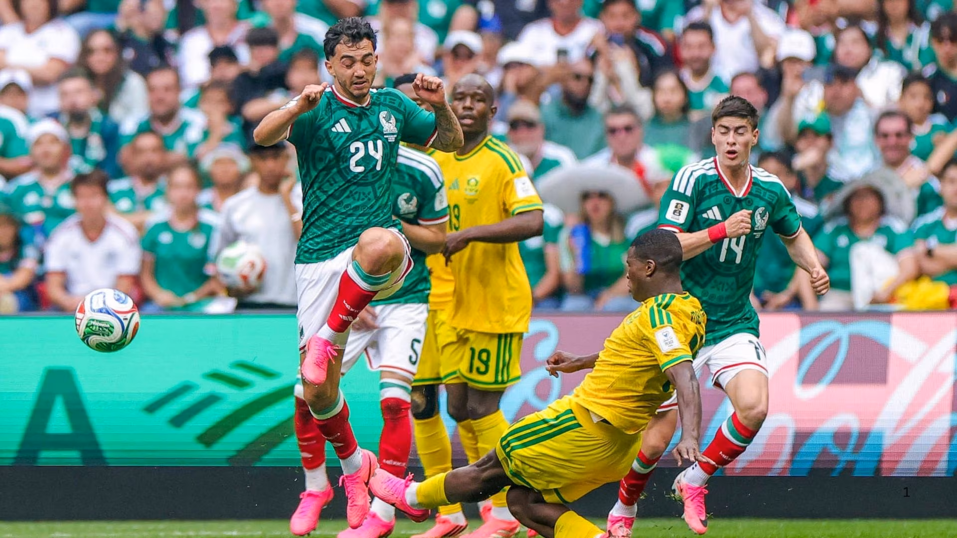 Mbekezeli Mbokazi of South Africa clears the ball while playing against Mexico.