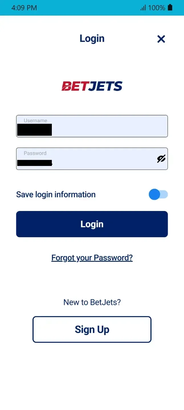 BetJets Log In Page