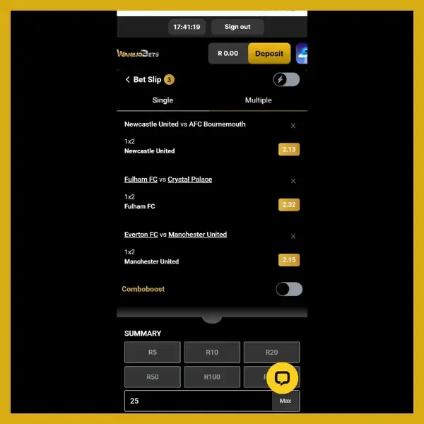 Wanejobets bet slip showing bonus wagering