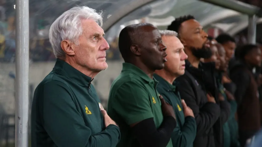 Hugo Broos and his technical bench. Photo Bafana Bafana