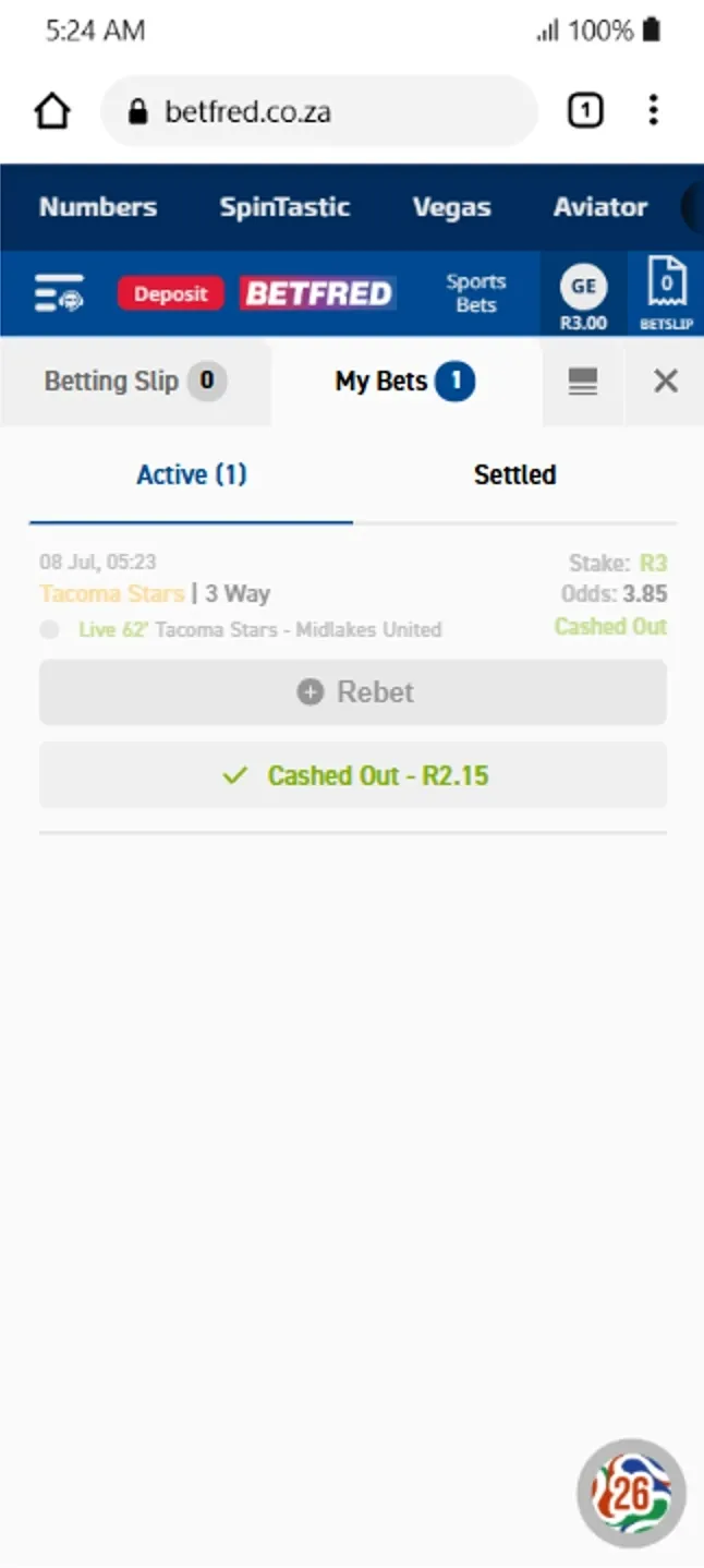 Betfred My Bets page showing a successful cash-out offer of R2.15 returned from a R3 sports bet before the match settled.
