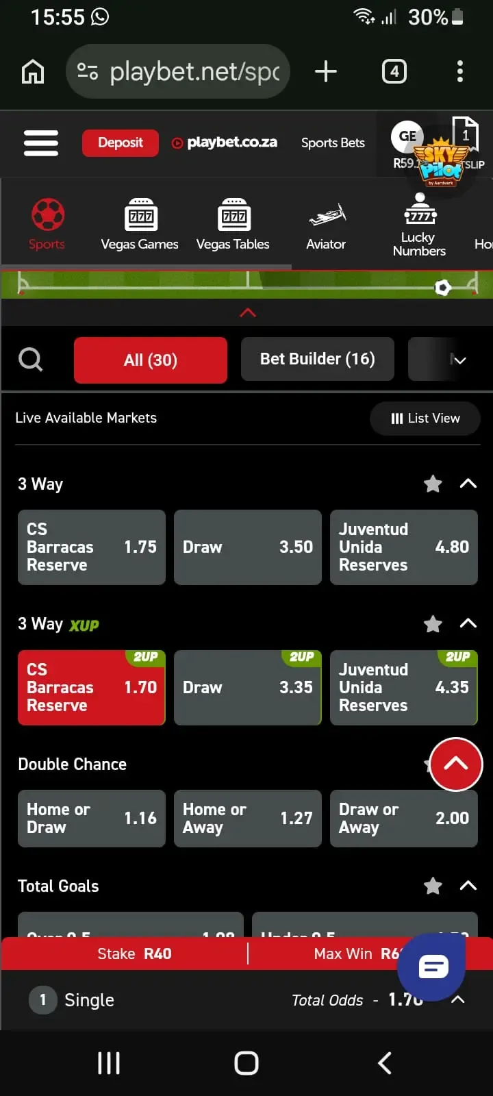 CS Barracas Rserve vs Juventud Unida Reserve with 2Up Early Payout functionality on Playbet
