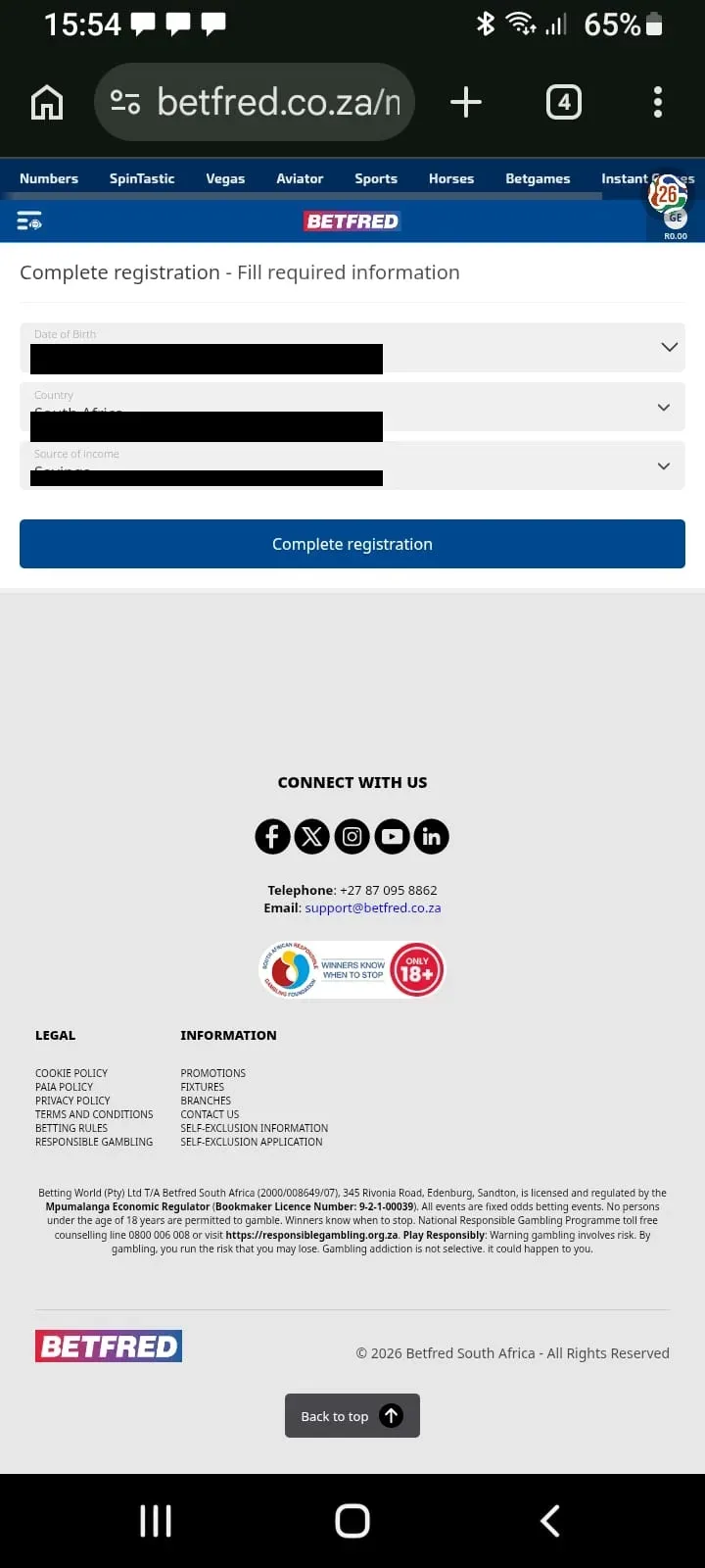 Betfred final registration page ask for birth date, country of residence (South Africa) and source of income.
