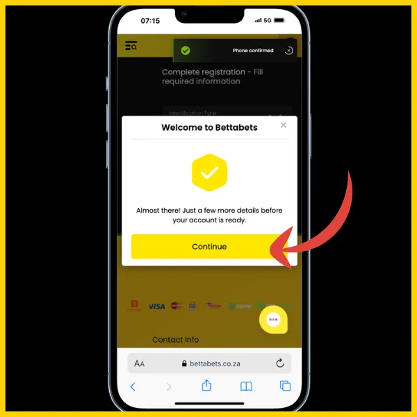 Red arrow pointing to the yellow continue button in the Welcome to Bettabets page