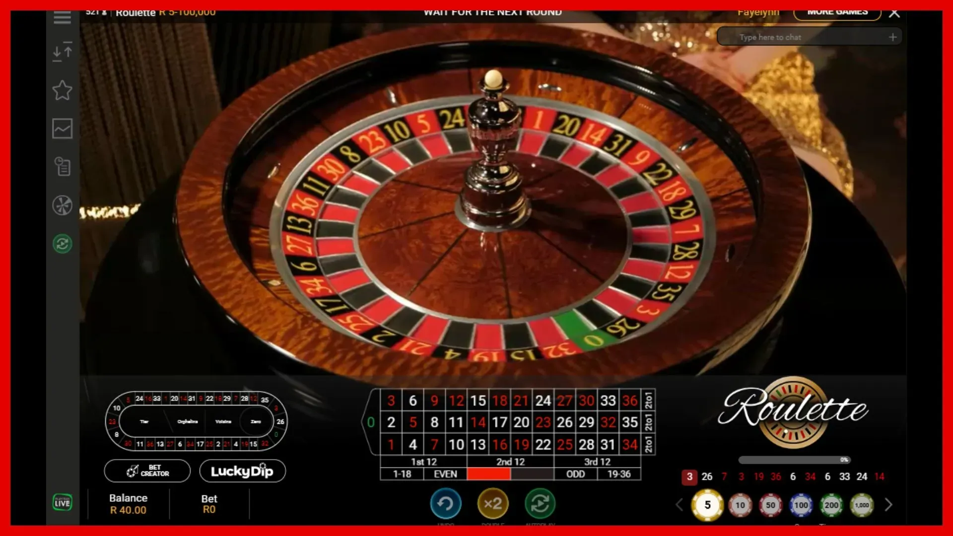 Screenshot of standard live European Roulette game on Hollywoodbets.