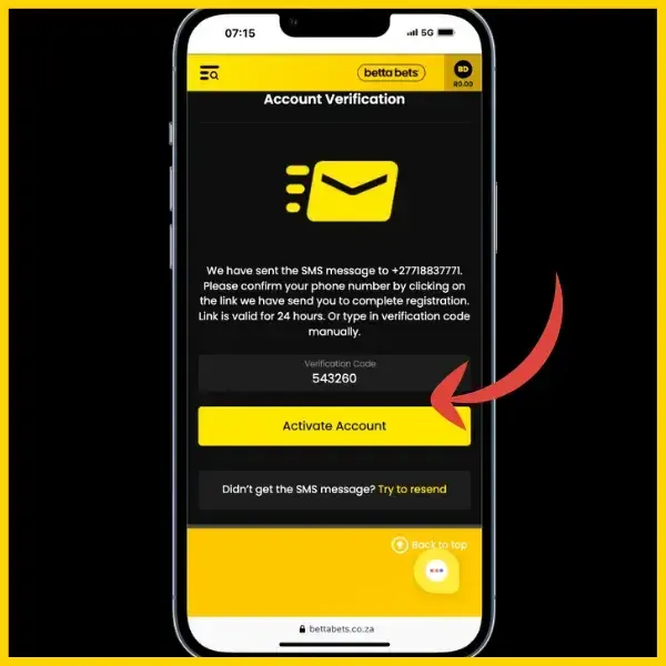 Account verification page on Bettabets site with red arrow pointing to the verification code and activate account button