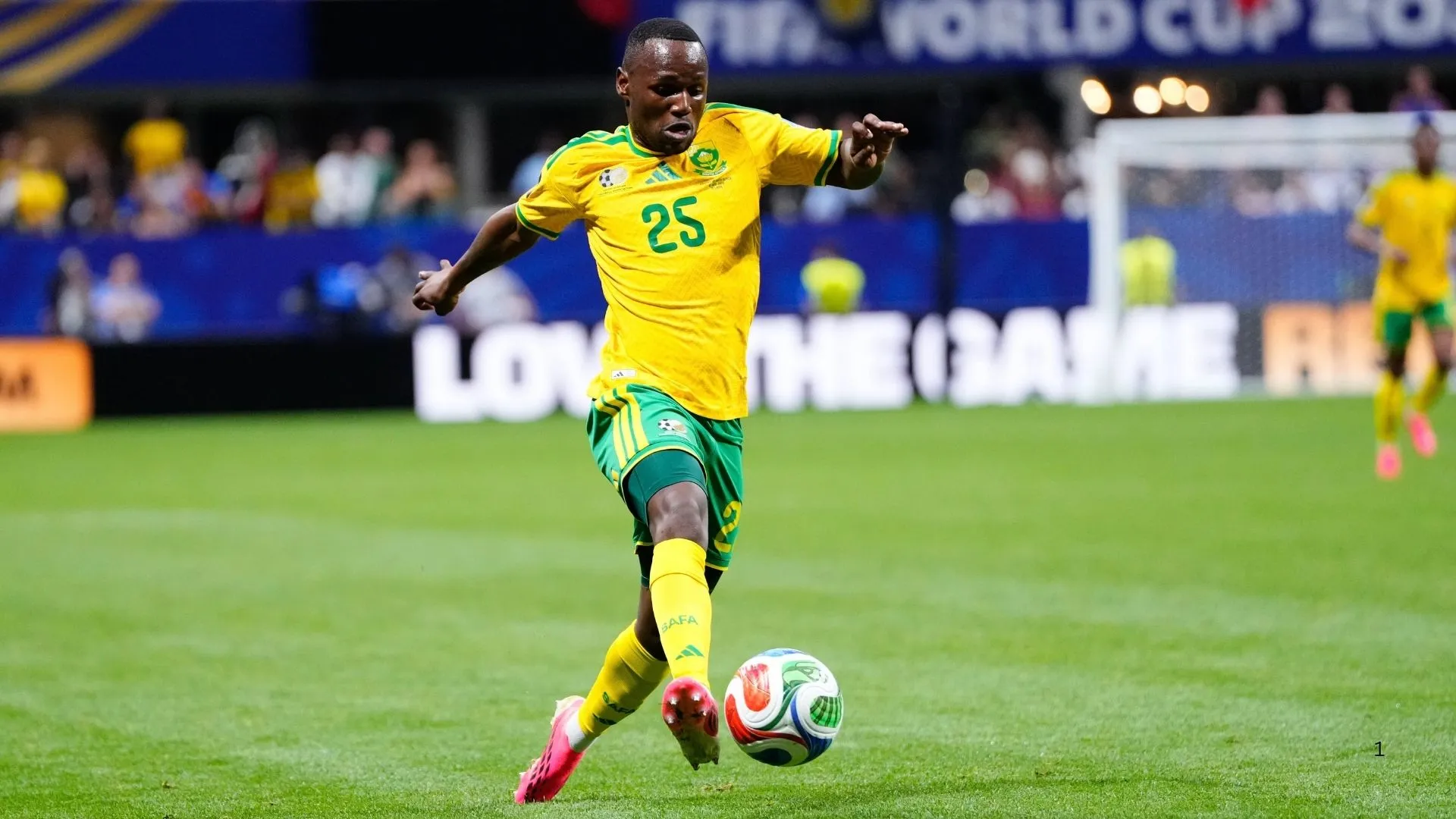 Kamogelo Sebelebele playing for Bafana Bafana.
