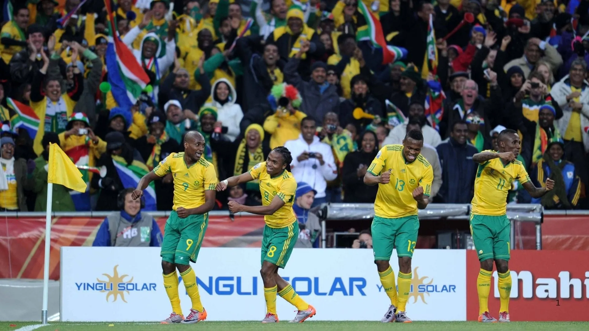Siphiwe Tshabalala leads the celebrations for Bafana Bafana after scoring the 2010 World Cup's first goal.