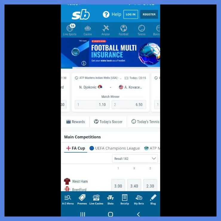 Sportingbet mobile app homescreen