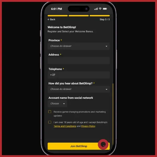 The third part of the registration form on the Betolimp site with fields to enter address and mobile information.
