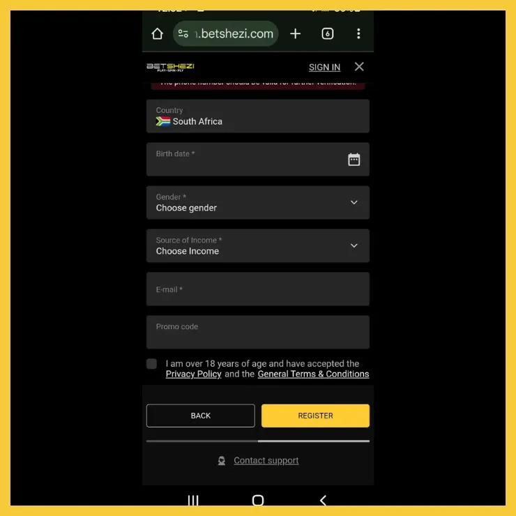 Sign up form with BetShezi promo code field.