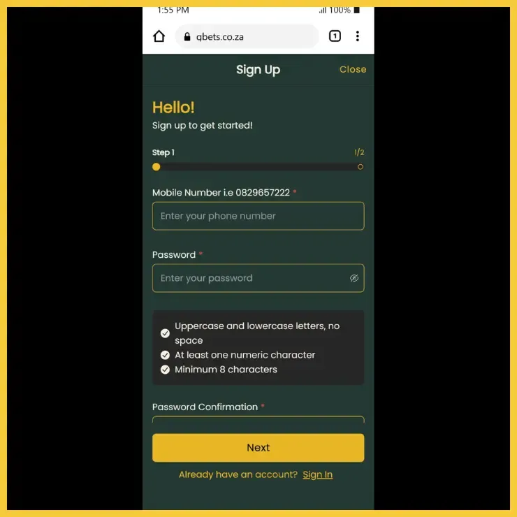Sign Up Form with fields for Phone Number and password to claim the Gbets promo code link