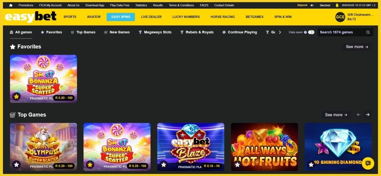 Easy Spins lobby on the Easybet online casino.
