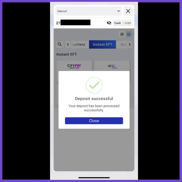 in app succesful deposit
