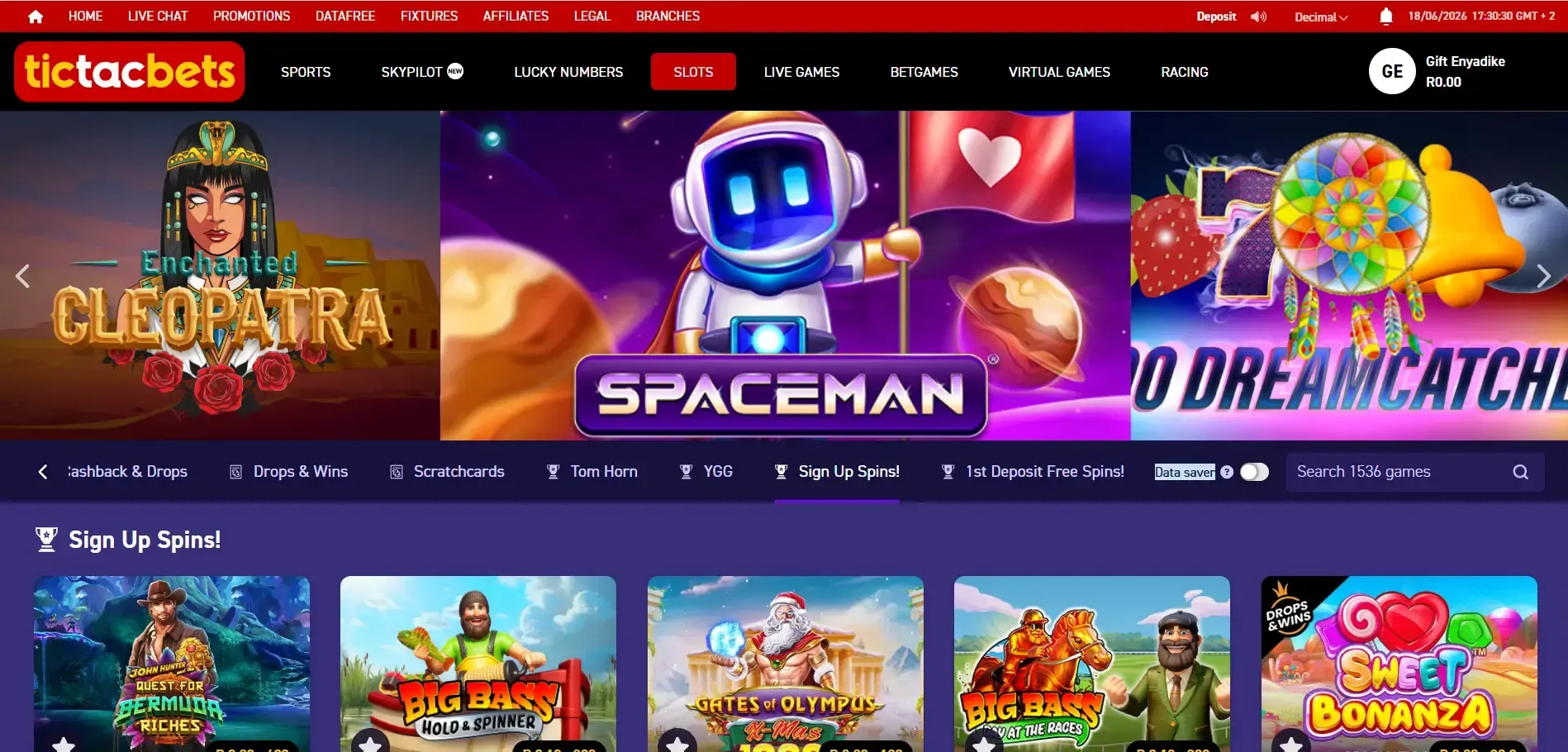 Screenshot of Tictacbets Slots library with 1500+ games, Data Saver and dedicated tabs for Sign Up Spins! & 1st Deposit Free Spins!