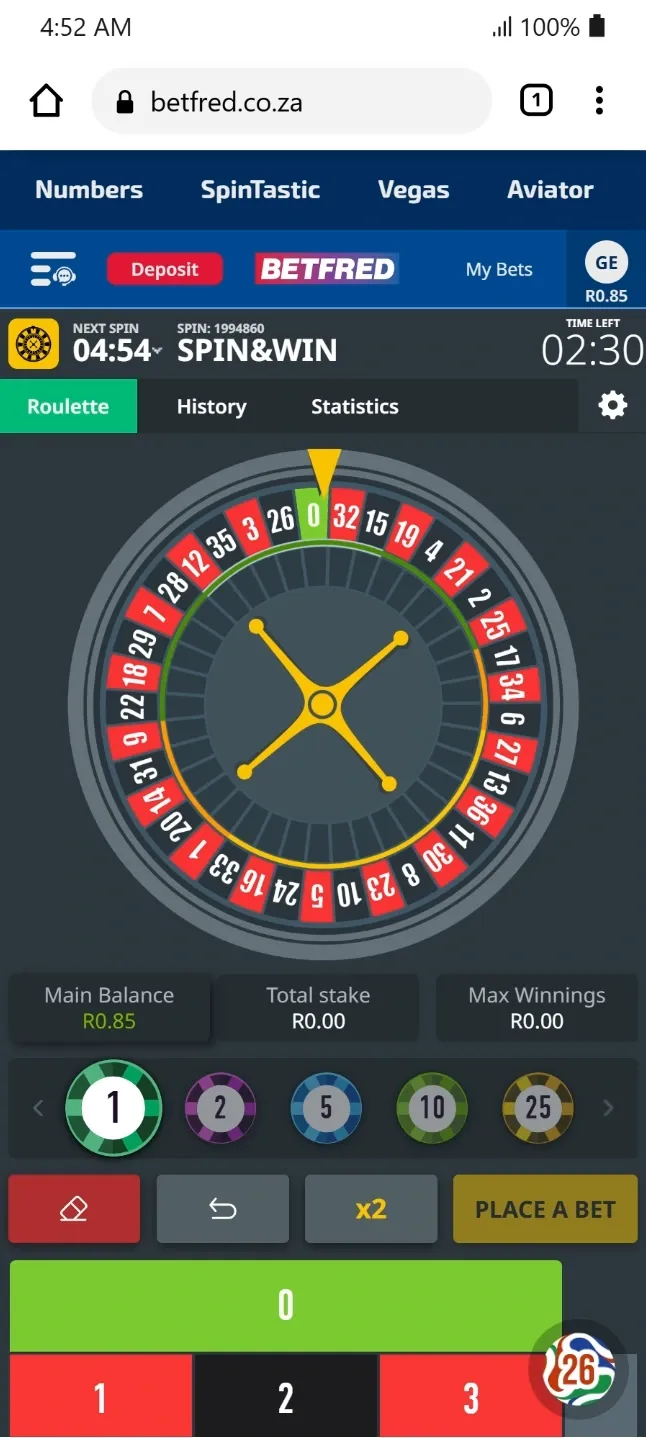 Betfred Spin&Win game displaying a roulette table and betting chips.