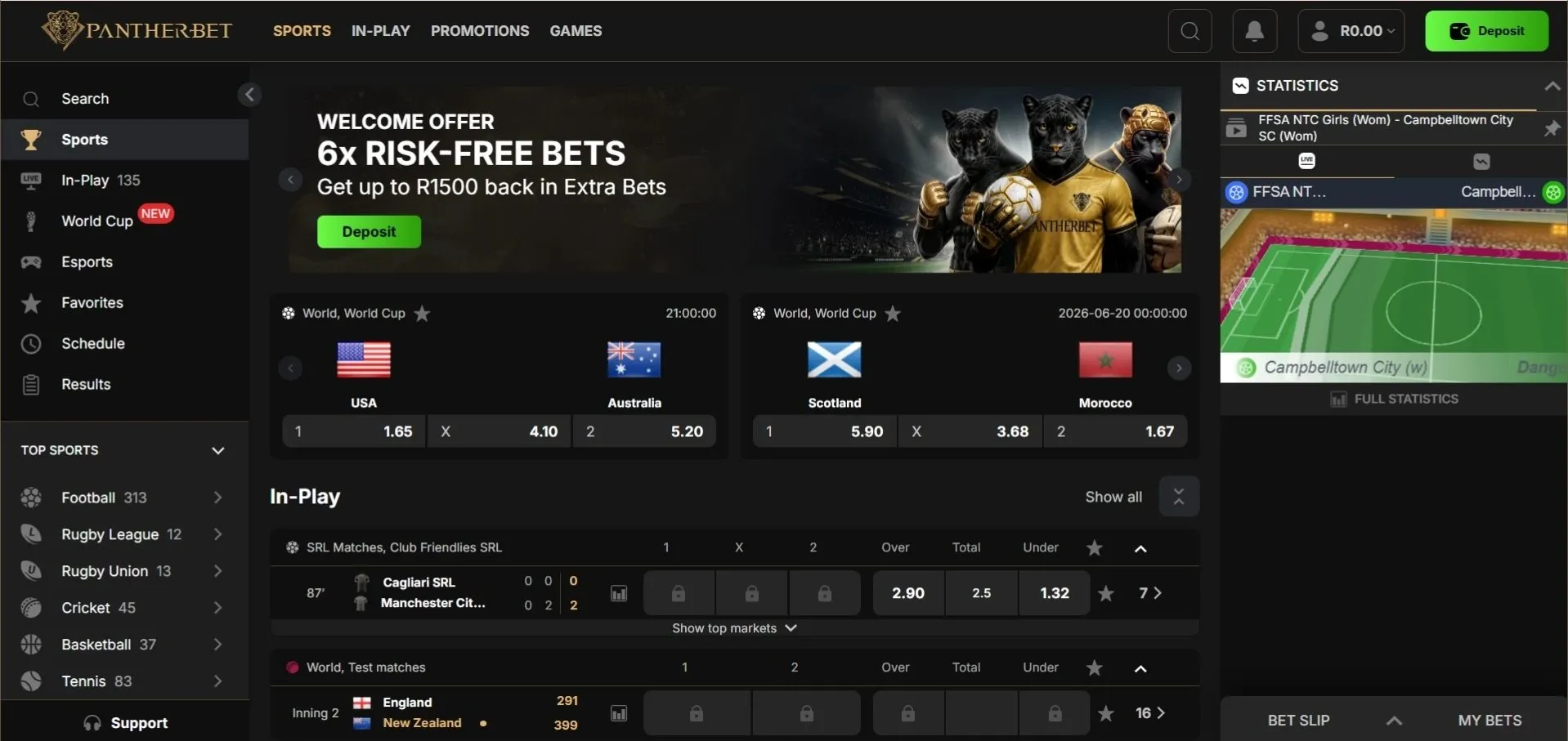 Pantherbet Sports Tab with top sports on the left , World Cup games like USA vs Australia and in-play odds in the middle, and Live Stats menu on the right.