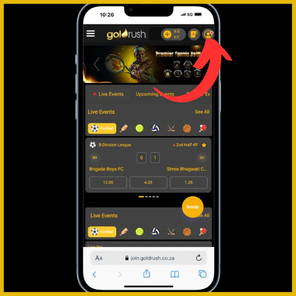 Red arrow pointing to player profile  icon on Goldrush official site. 