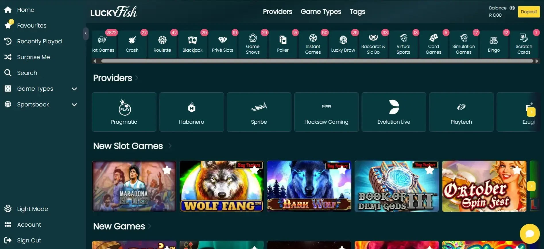 Lucky Fish Gaming Hub showing 2,872 slots, 37 crash games, 42 roulette variants, 29 game shows, and more.