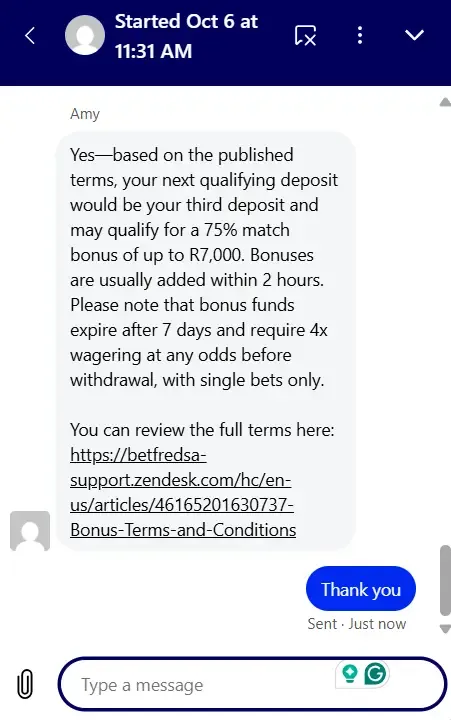 Betfred customer support live chat transcript confirming 7-day bonus expiration, 4x wagering rules, and providing a link to full terms and conditions.