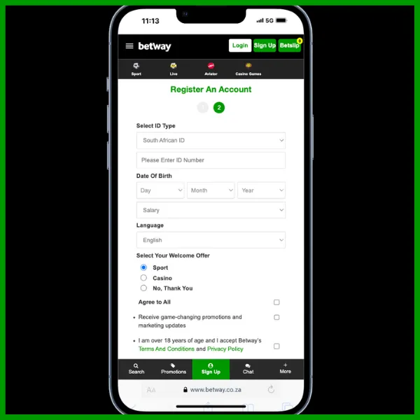 betway registration step 3, add your ID information