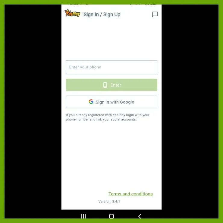 Yesplay app sign up and login page with phone and Google options.