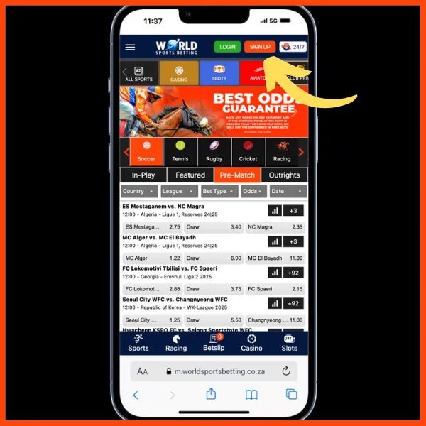 WSB official site - yellow arrow pointing to the orange Sign Up button