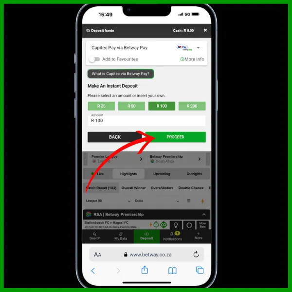 betway deposit step 3, choose your amount and click on proceed