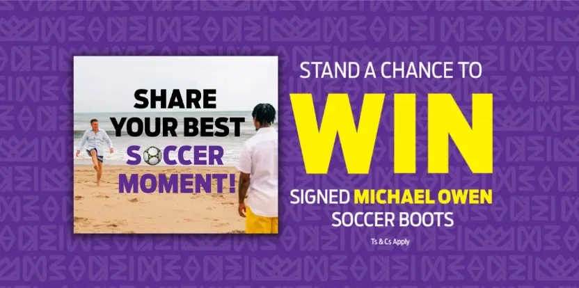 Hollywoodbets promo banner for best soccer moments competition with prize of Michael Owen signed boots.