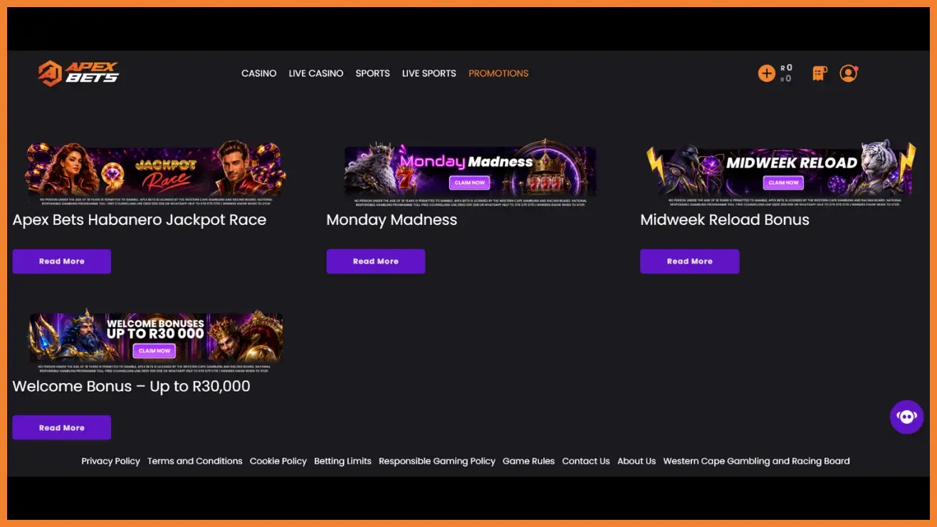 Apexbets Promotional Page showing Habanero Jackpot Race, Monday Madness, Midweek Reload