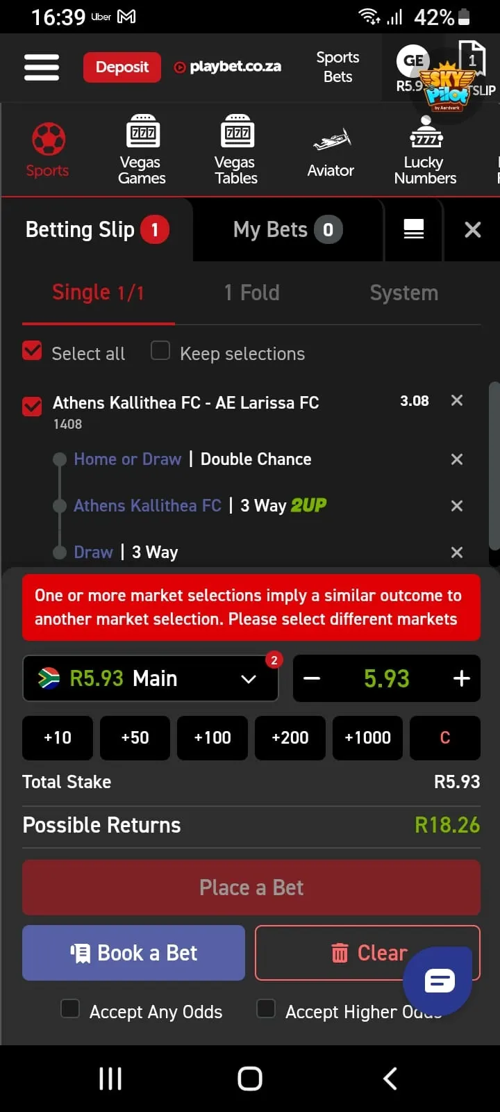 Playbet app bet builder slip with 3 selections, conflicting ones like Home or Draw double chance and Draw.