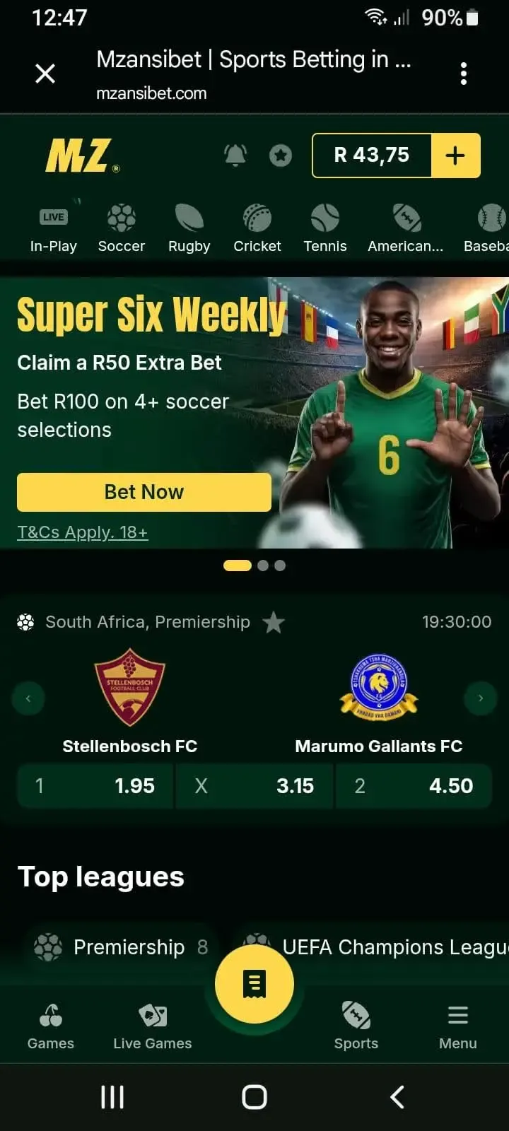 Mzansibet sportsbook launched in the in-app browser of an Android phone