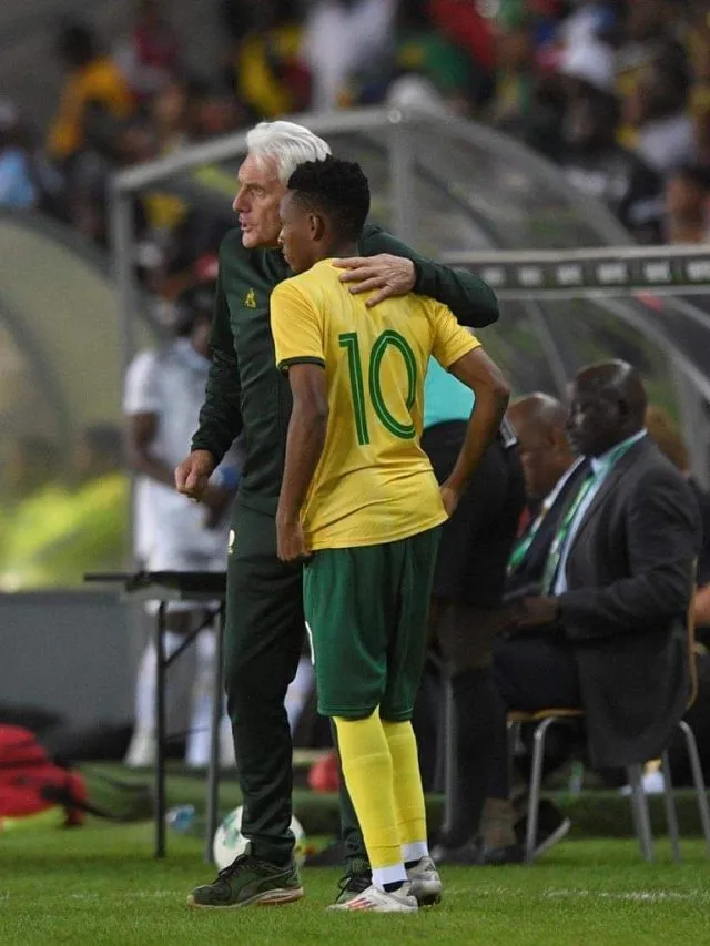 cropped Hugo Broos and Relebohile Mofokeng Bafana Bafana