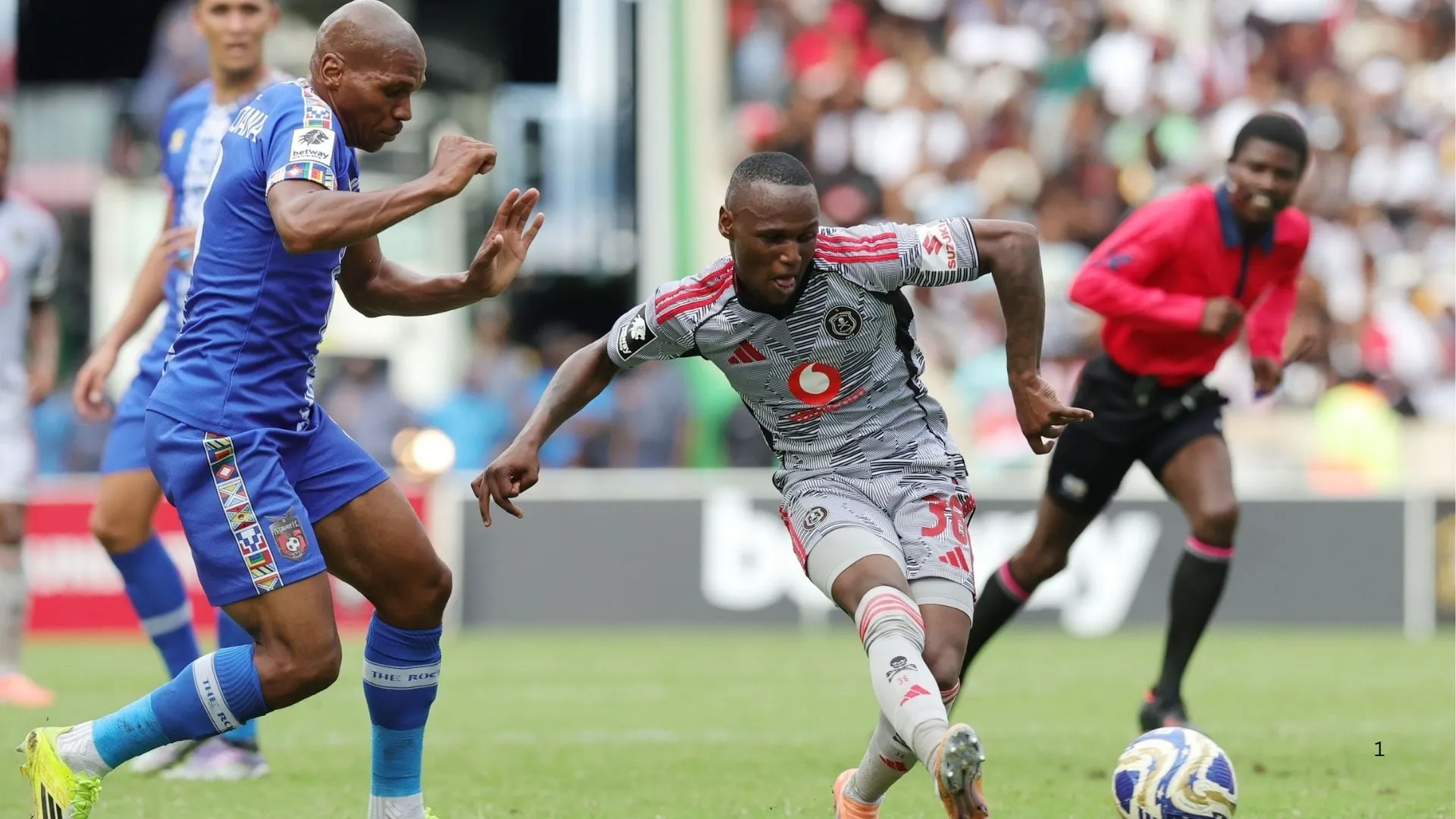 Kamogelo Sebelebele of Orlando Pirates scores against TS Galaxy.