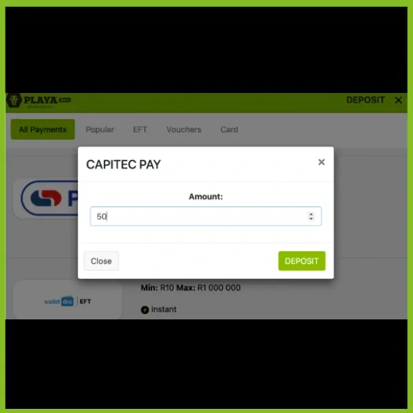 Playabets payment methods screen display R50 minimum deposit for sports bonus.