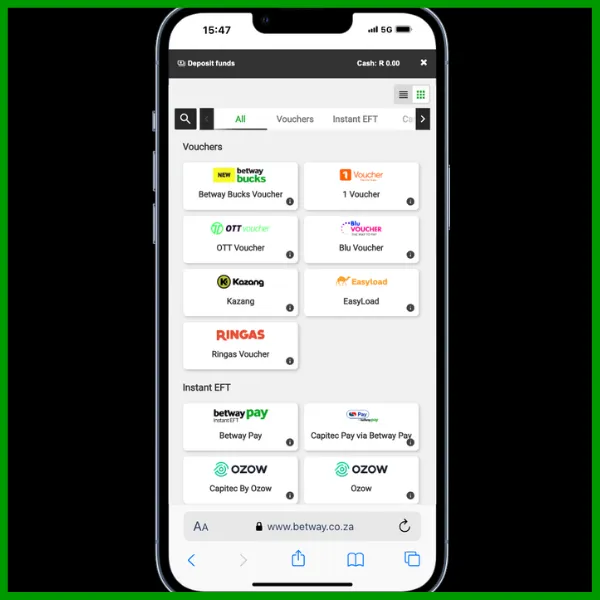 betway deposit step 2, choose payment method