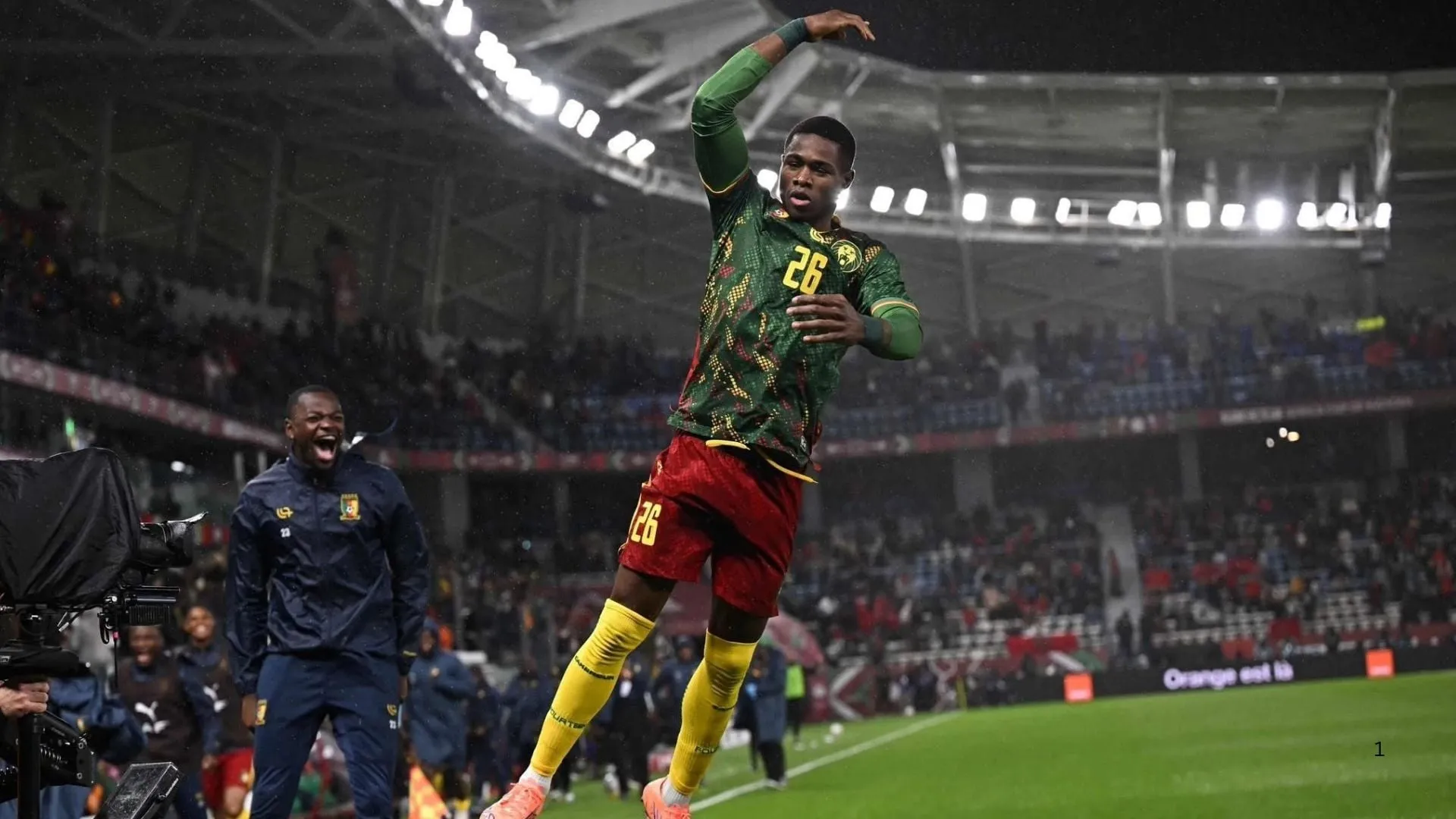 Christian Kofane of Cameroon celebrates his goal against Bafana Bafana at AFCON 2025.
