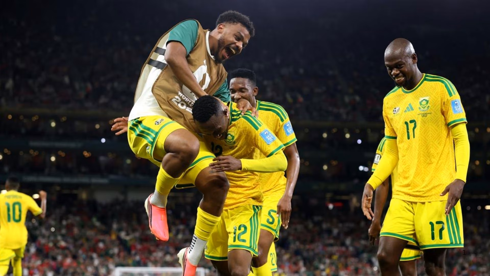 South Africa players celebrate their goal against South Korea.