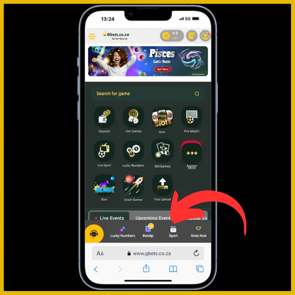 Red arrow pointing to Sports betting button on Gbets site.