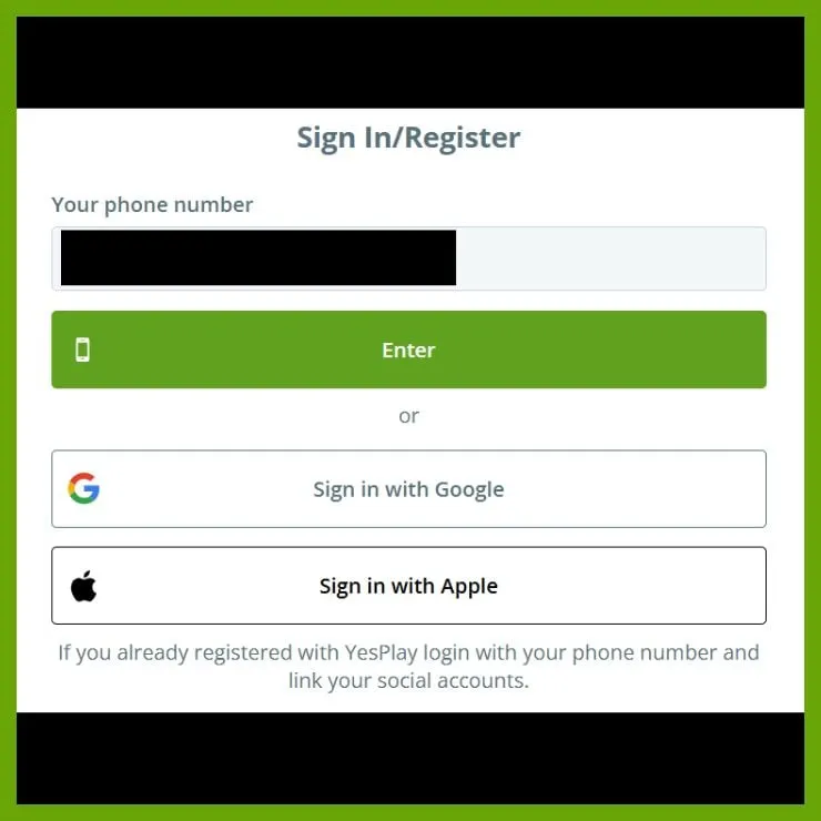 Yesplay register page with phone, Google & Apple sign up options.