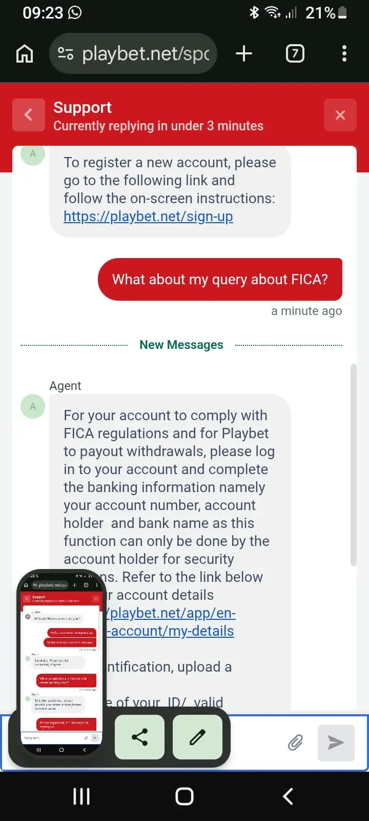 Agent response playbets live chat query asking about FICA documents.