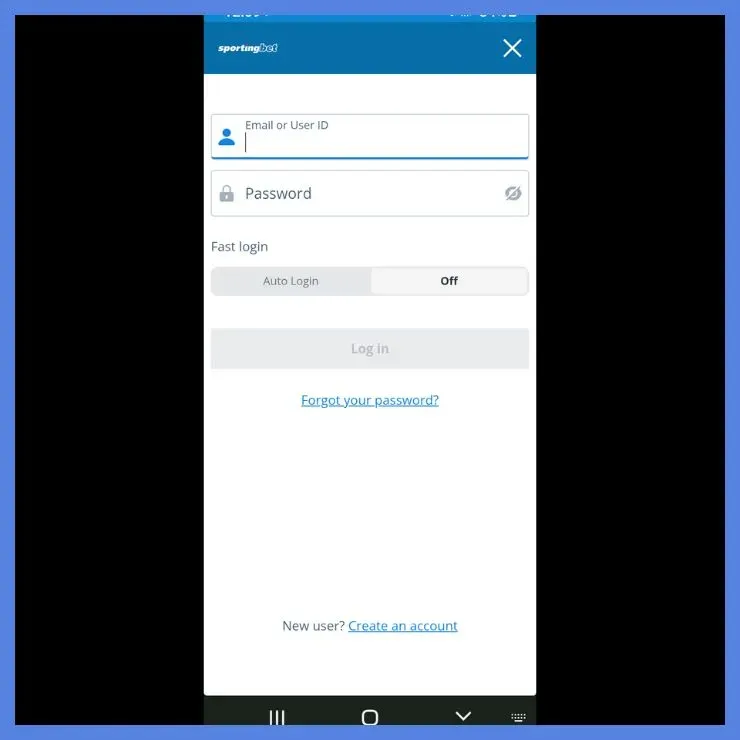Sportingbet Android app login screen.
