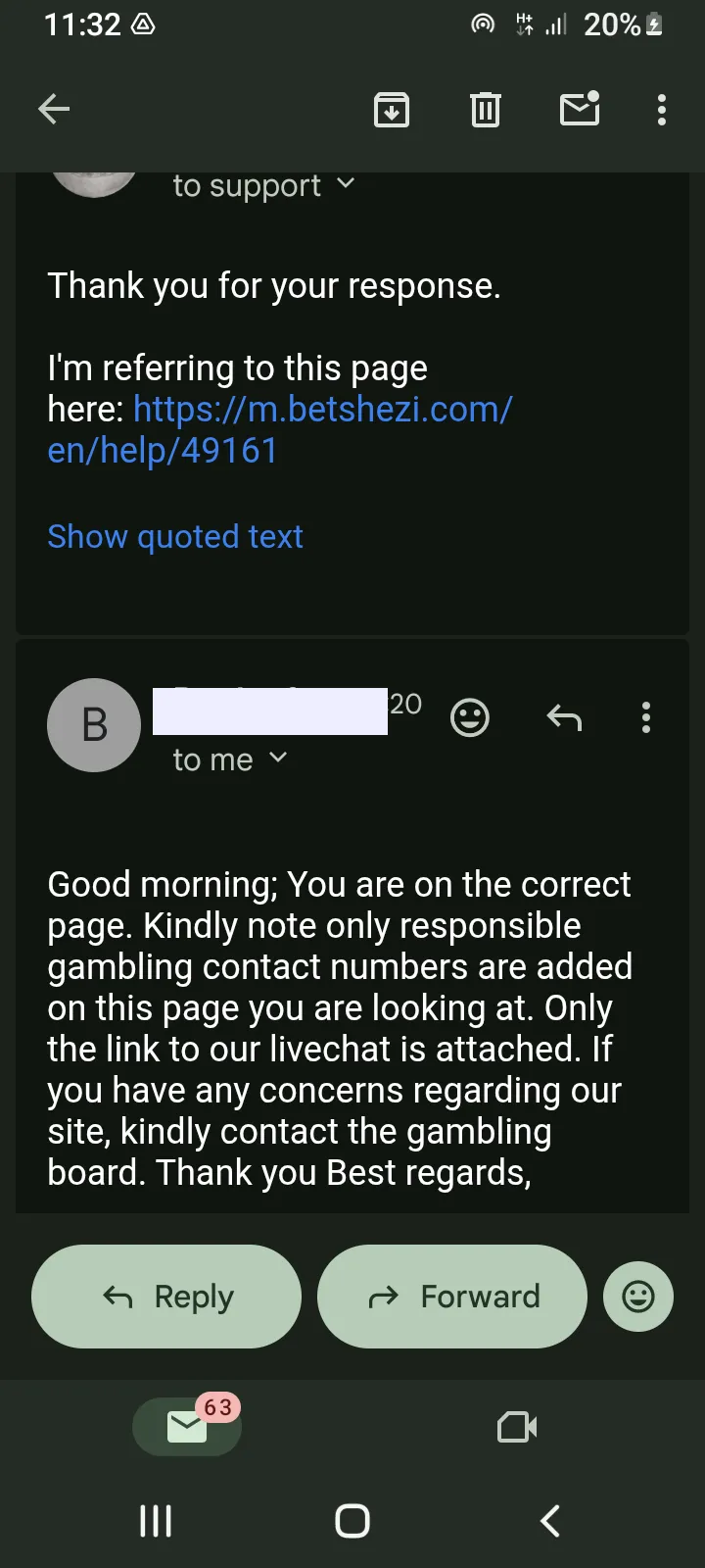 Email Screenshot explaining that only Responsible Gambling Numbers are available