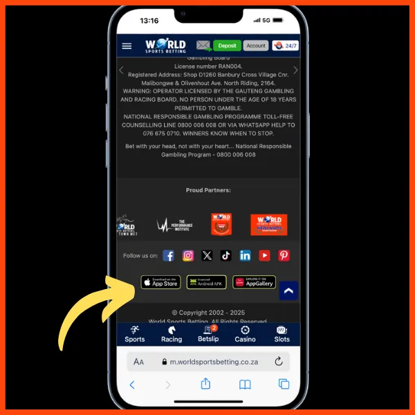 WSB homepage - yellow arrow pointing to the app download buttons at the bottom of the site. 