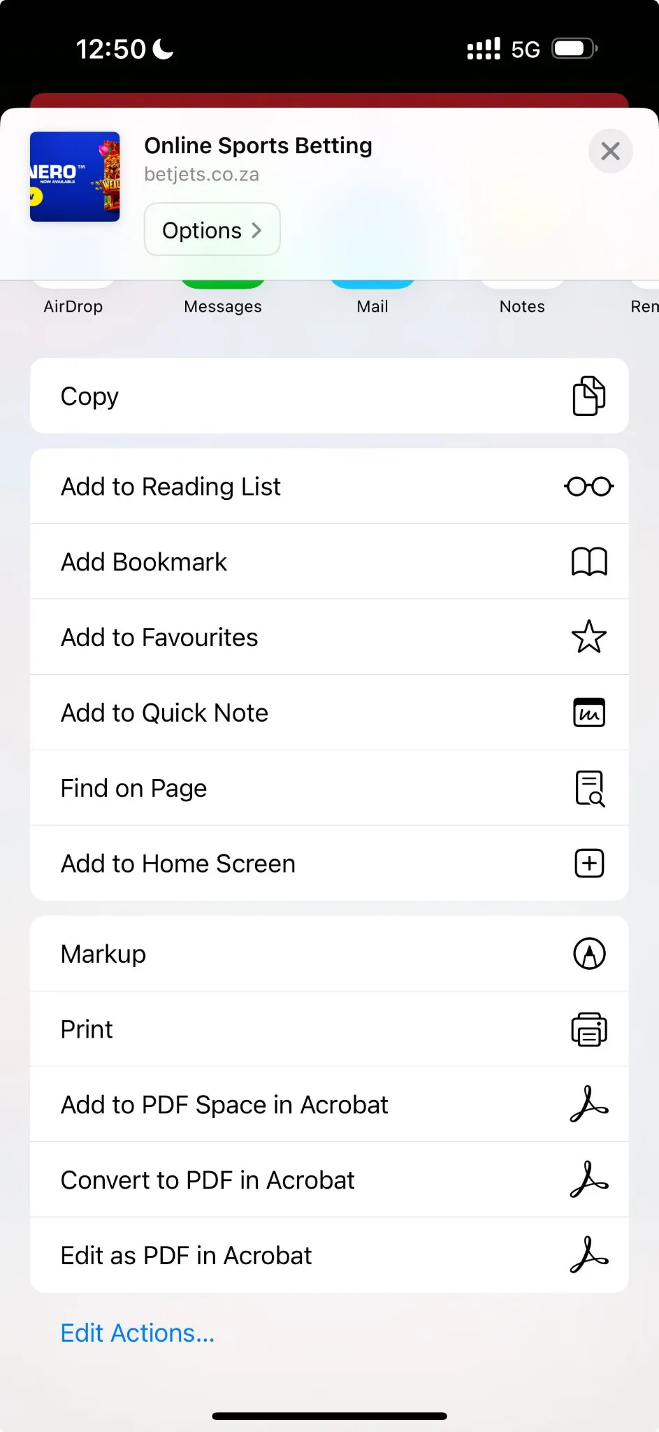Safari share menu with option to Add BetJets PWA to Home Screen